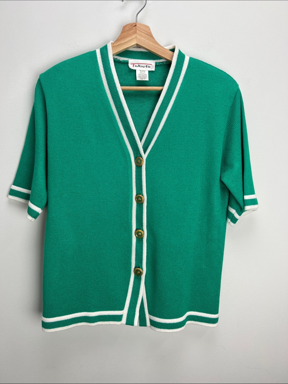 Vintage Talbots Kelly Green Short Sleeve Cardigan Sweater Womens 12 Old Money